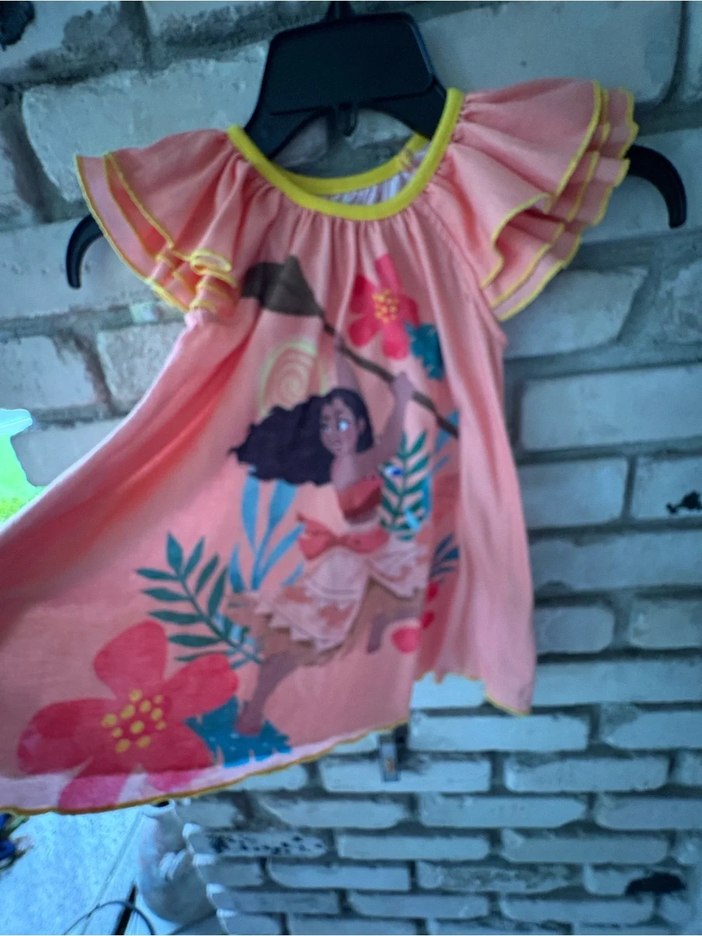 Disney Moana peach nightgown with front graphic  Yellow Trim and Flutter Sleeves